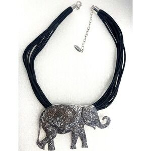 St Thomas Figural Elephant Necklace 16" Trunk Up Black Cord Silver tone